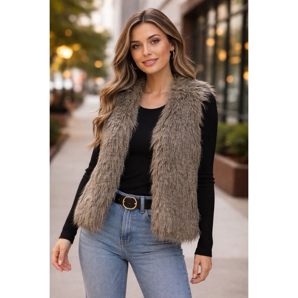 Buffalo David Bitton Tova Faux Fur Vest Womens L Brown Shaggy Boho